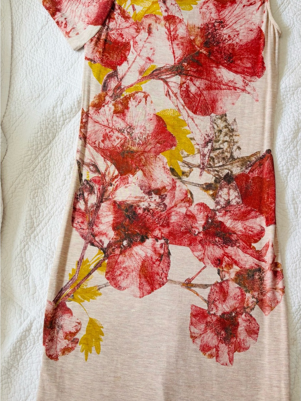 Mango Beige Midi Dress with Red Floral Print and Yellow Accents